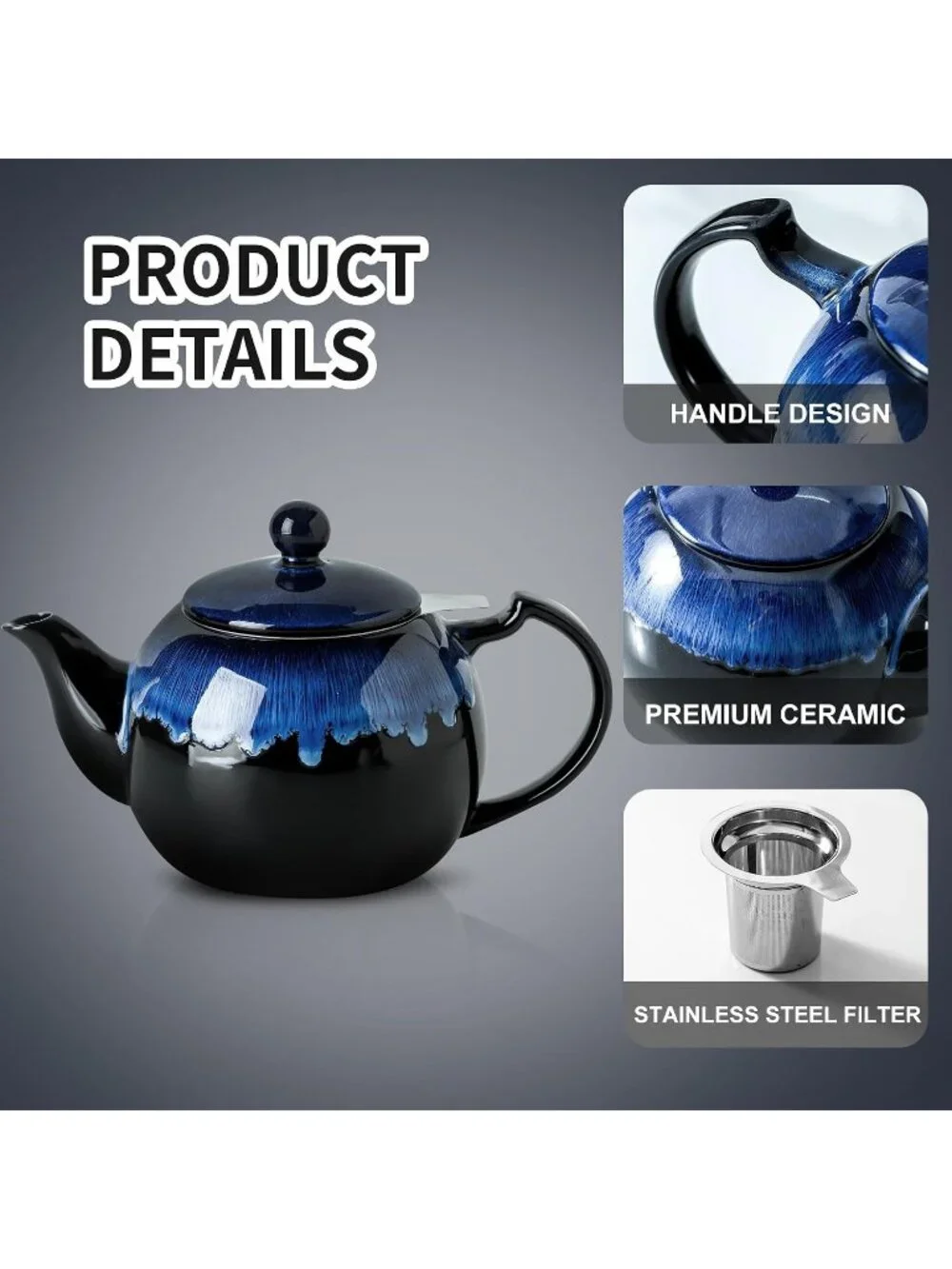 Nebula Blue Ceramic Kitchen Teapot with Infuser 34OZ 6 Cups Loose Tea Strainers